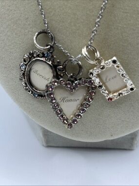 Heart & Frame Charm Necklace Cherish Love Honor Charms Necklace Silver Tone